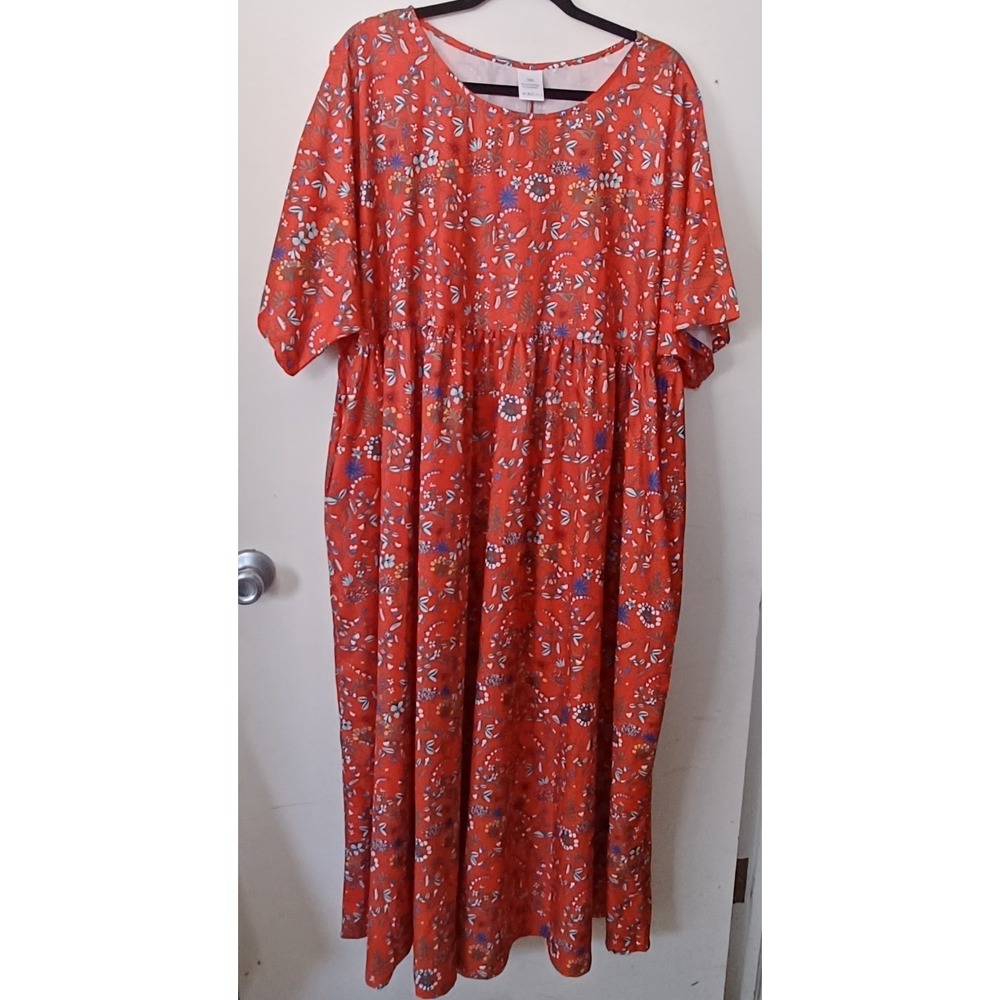 Womens 3XL Orange Floral Maxi Dress Pockets Short Sleeve Boho Summer Dress‎ - Picture 2 of 9